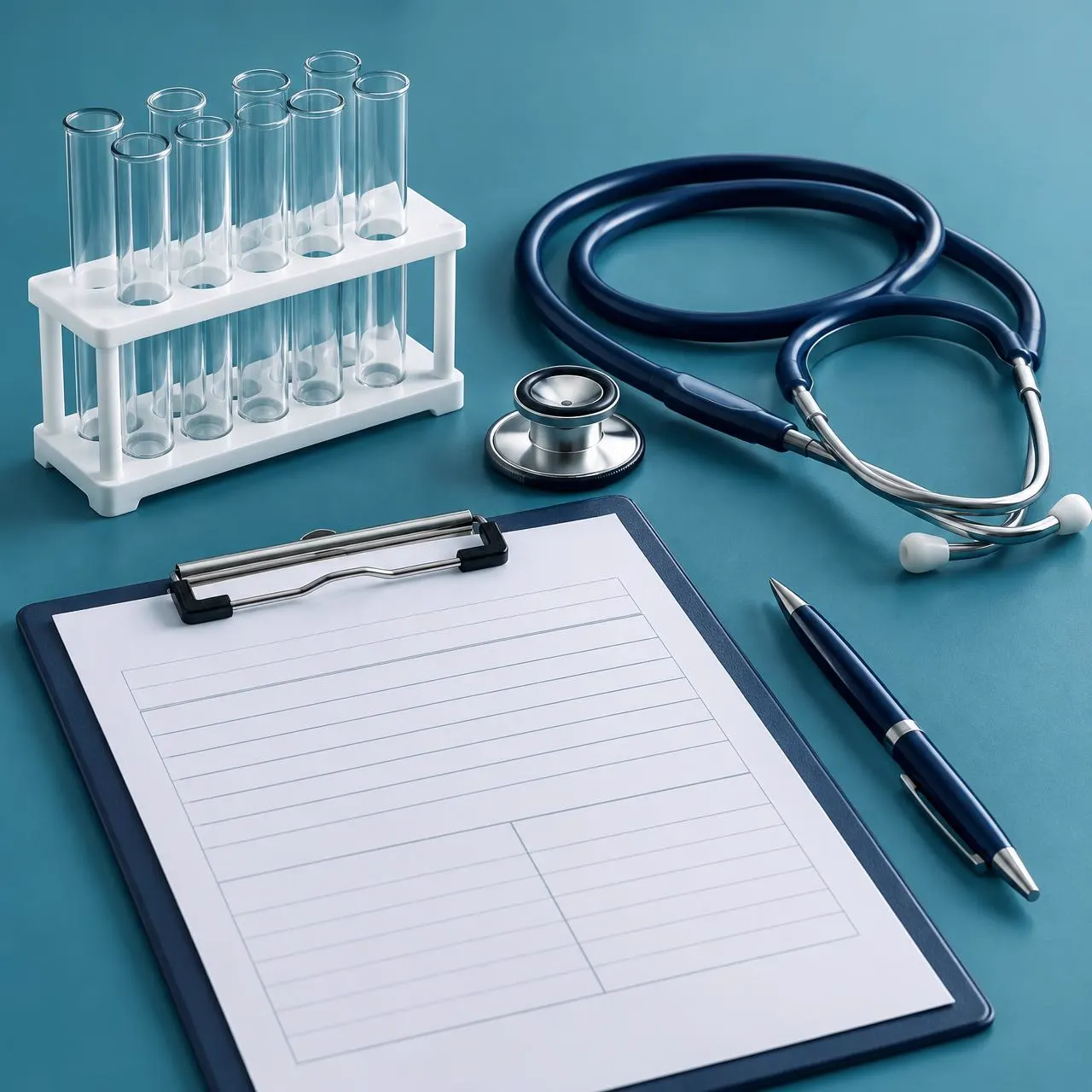 Test tubes, a stethoscope, a clipboard, and a pen on a teal surface