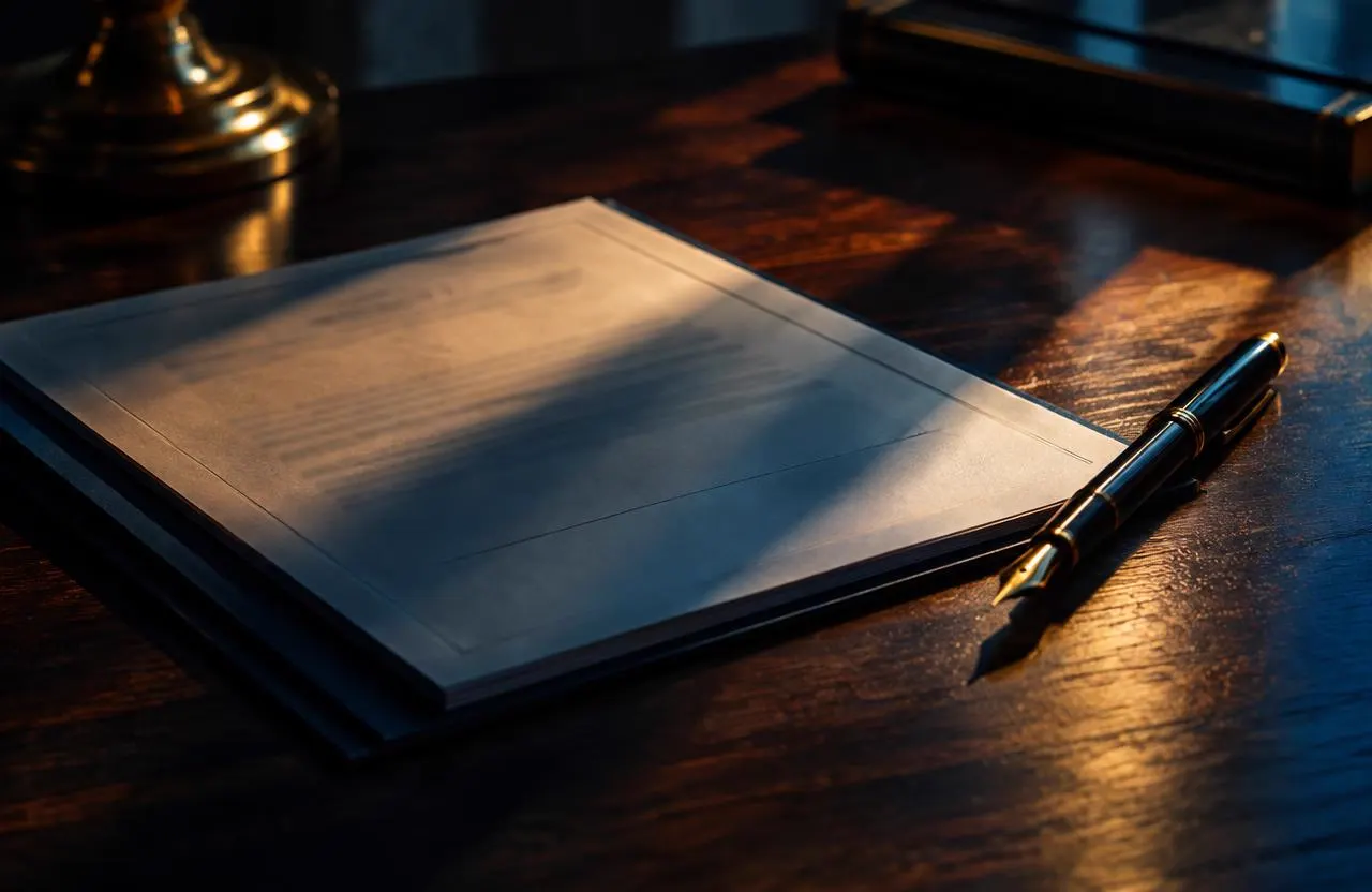 A document packet and fountain pen on a dark table