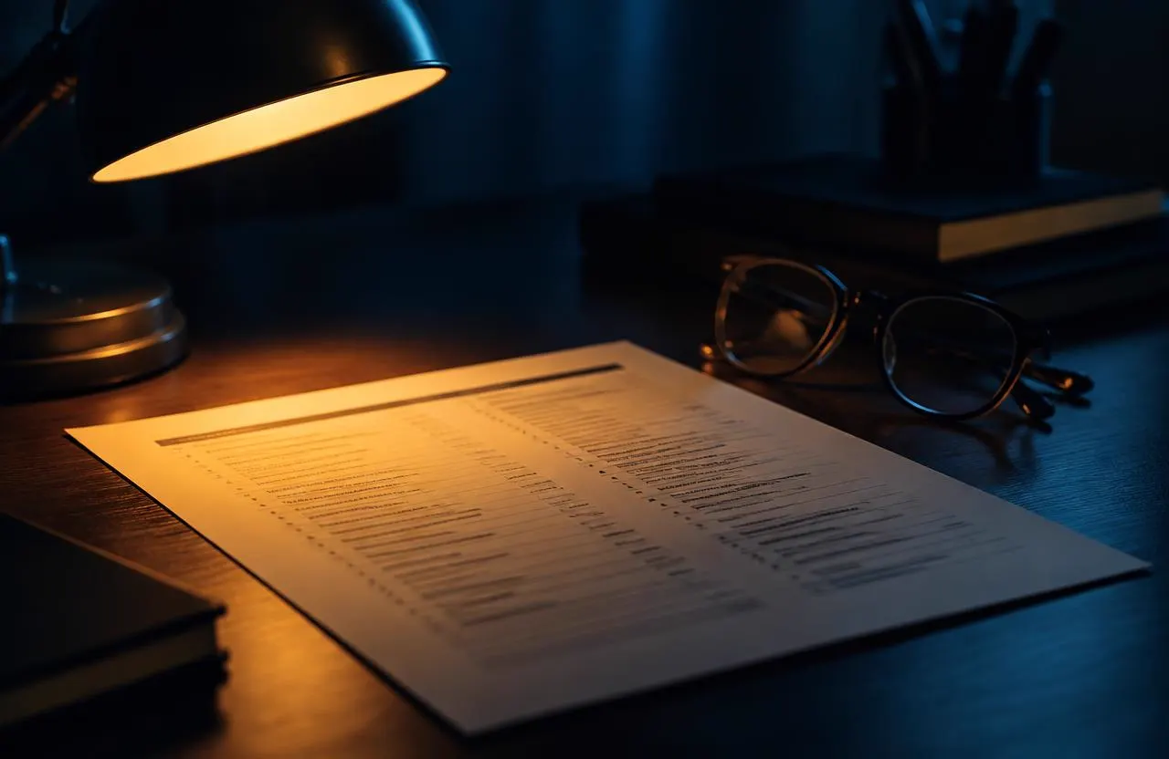 A printed listing under a warm desk lamp