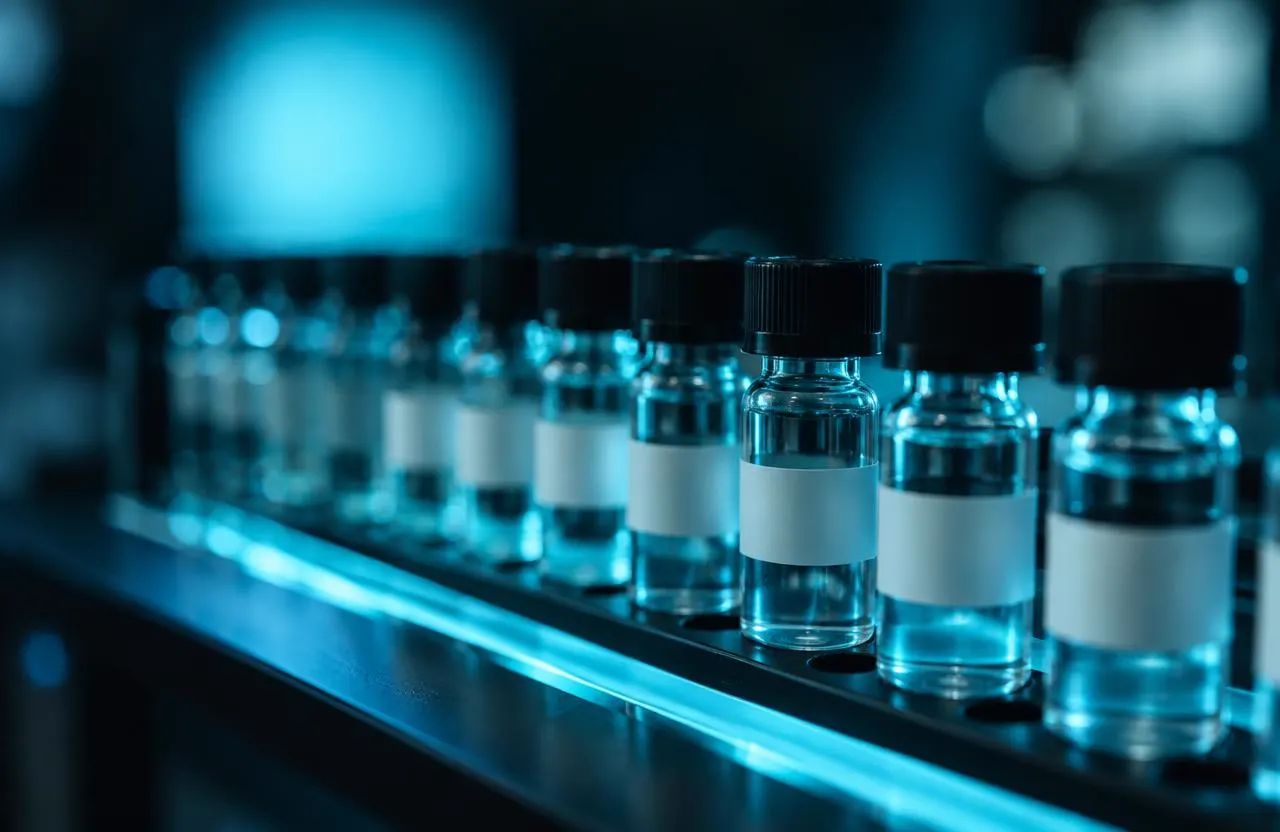 A row of glass sample vials in cyan light