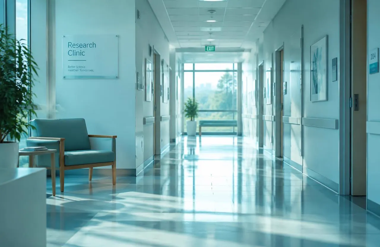 A quiet, sunlit research clinic hallway
