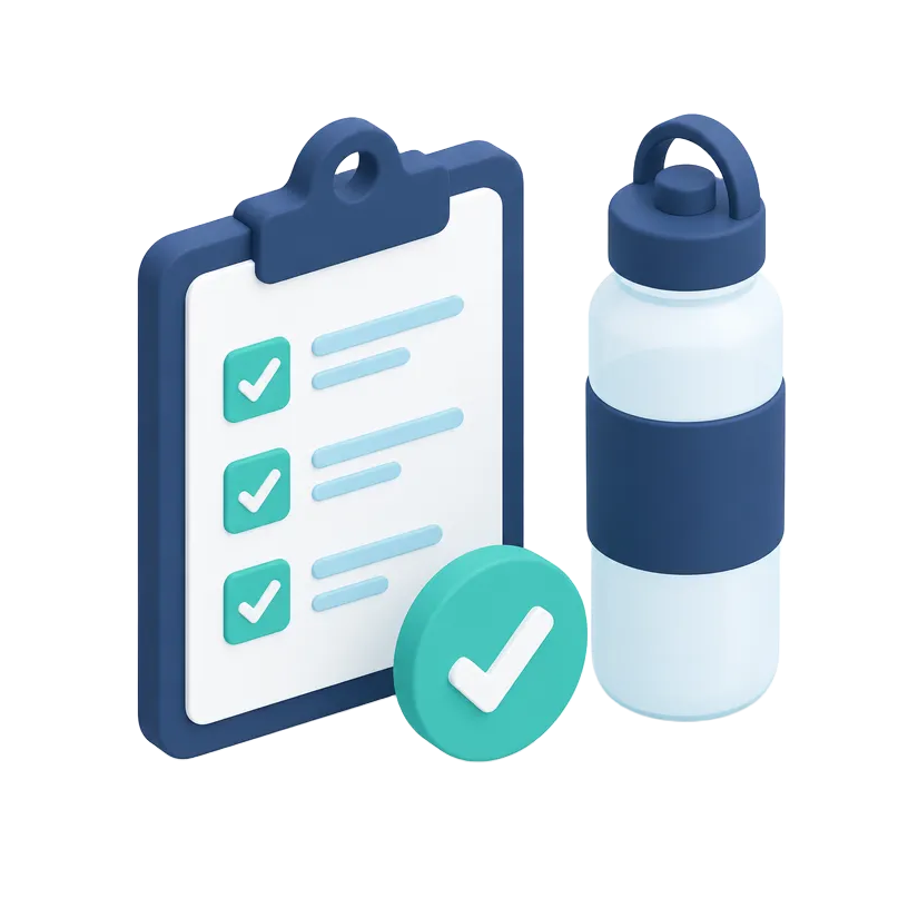 Isometric checklist clipboard and water bottle
