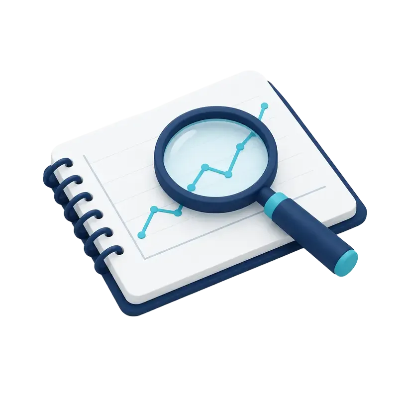 Isometric notebook with a chart under a magnifying glass