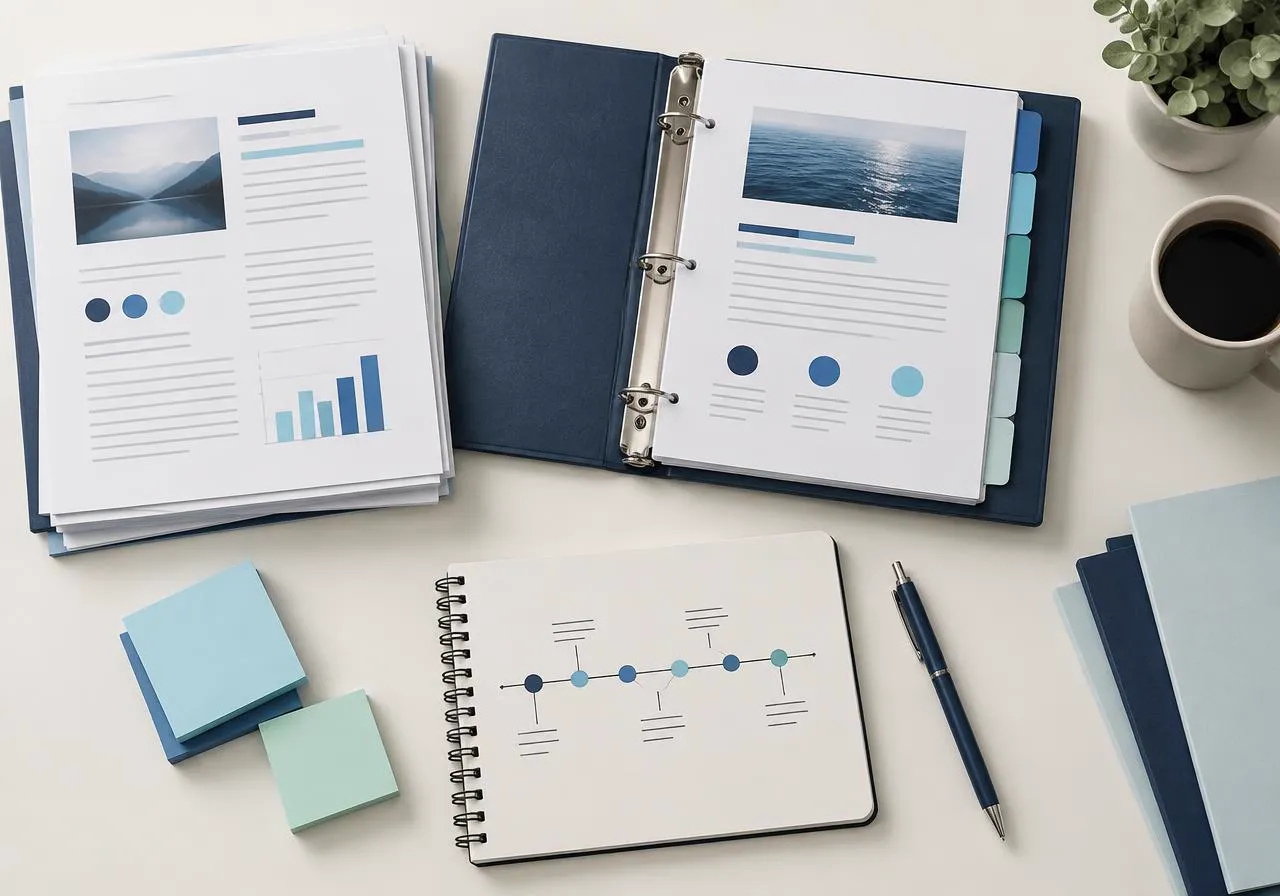 Neatly organized printed guides, a tabbed binder, and a notebook with a drawn timeline